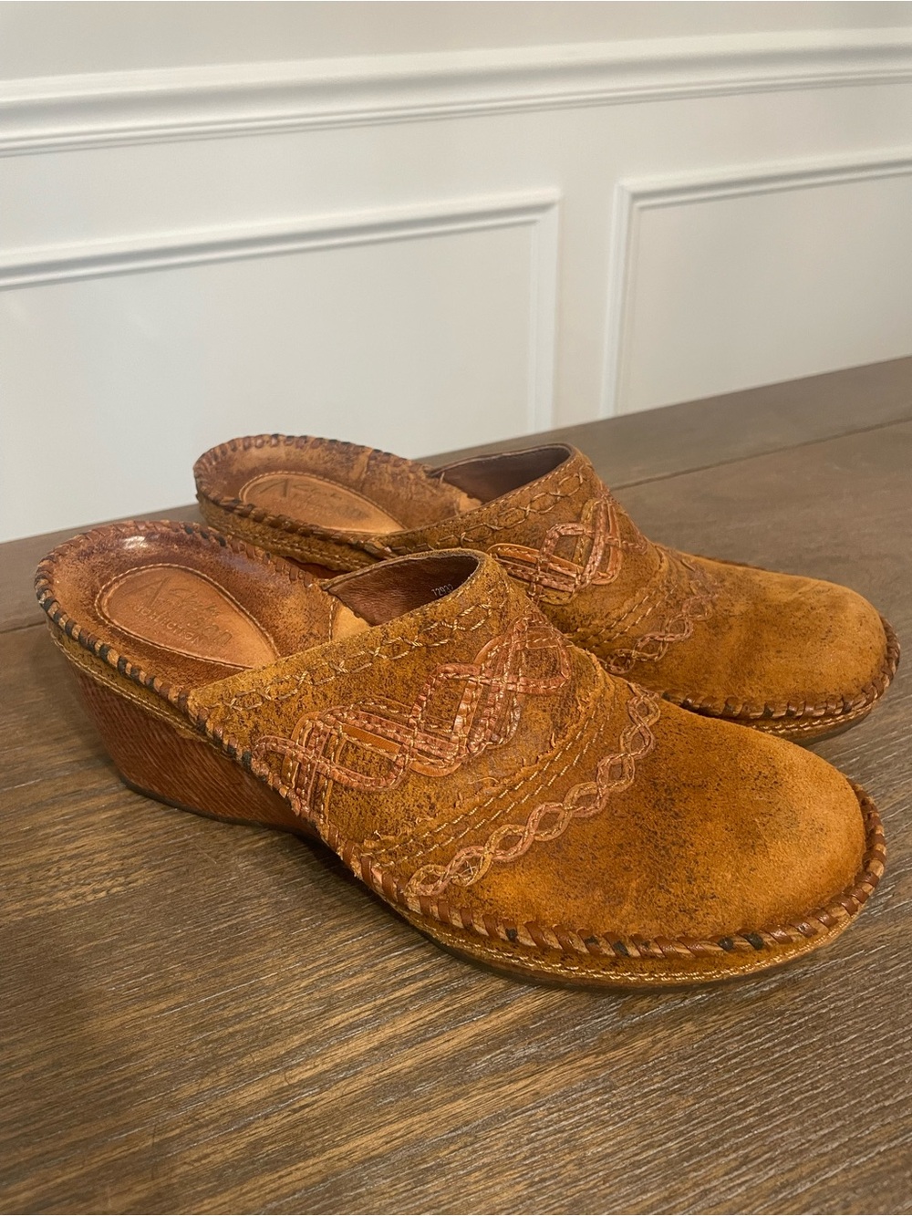 Artisan Tan Suede Embroidered Wedge Clogs